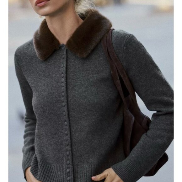 Zara FAUX FUR LAPEL KNIT CARDIGAN - Picture 6 of 9